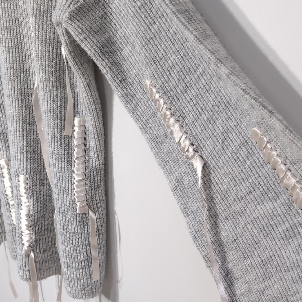 Topshop | Grey Ribbon Crew Neck Sweater with Bell Sleeves Size S